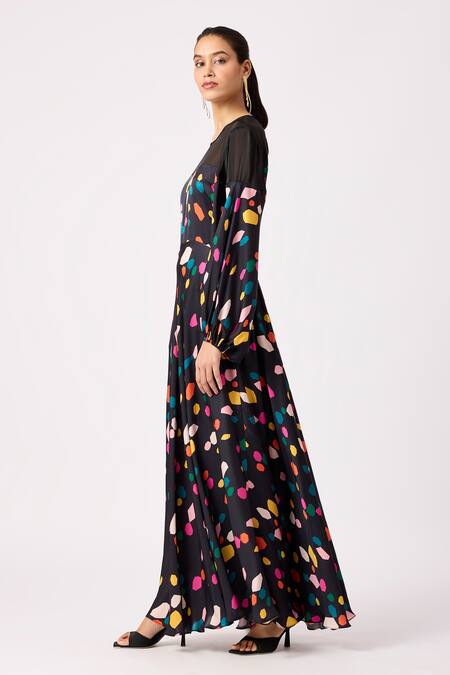 Buy Scarlet Sage Black Round Neck Nadine Pebble Print Maxi Dress Online at Aza Fashions Buy_Scarlet Sage_Black Round Neck Nadine Pebble Print Maxi Dress_Online_at_Aza_Fashions