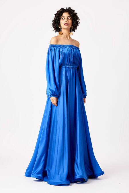 Shop_Scarlet Sage_Blue Off-shoulder Raina Off Flared Maxi Dress_Online_at_Aza_Fashions