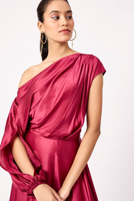 Scarlet Sage_Wine Asymmetric Solid Handkerchief Dress_Online_at_Aza_Fashions