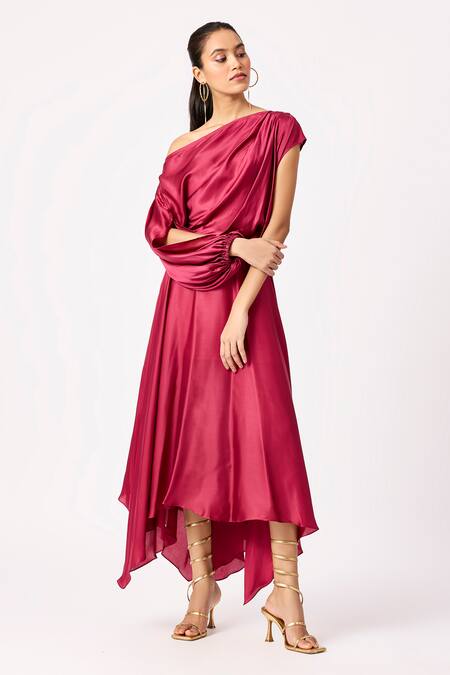 Buy_Scarlet Sage_Wine Asymmetric Solid Handkerchief Dress_Online_at_Aza_Fashions