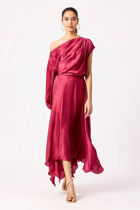 Scarlet Sage_Wine Asymmetric Solid Handkerchief Dress_at_Aza_Fashions