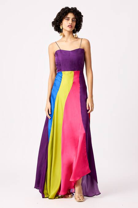 Scarlet Sage_Multi Color Sweetheart Neck Tessa Block Asymmetric Dress_Online_at_Aza_Fashions