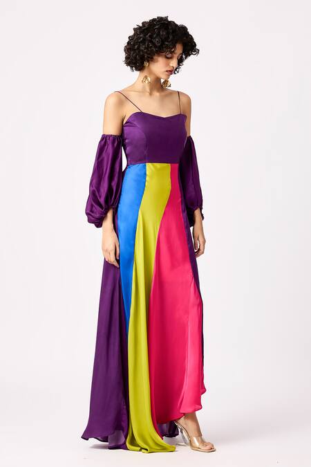 Buy_Scarlet Sage_Multi Color Sweetheart Neck Tessa Block Asymmetric Dress_Online_at_Aza_Fashions