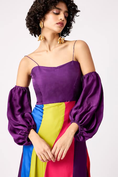 Shop_Scarlet Sage_Multi Color Sweetheart Neck Tessa Block Asymmetric Dress_Online_at_Aza_Fashions