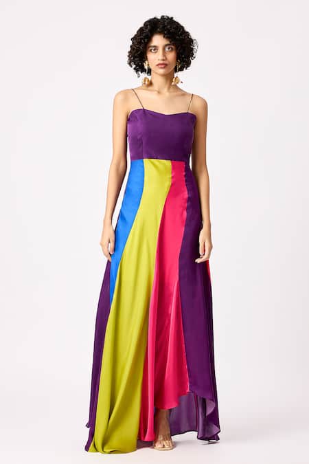 Scarlet Sage_Multi Color Sweetheart Neck Tessa Block Asymmetric Dress_at_Aza_Fashions