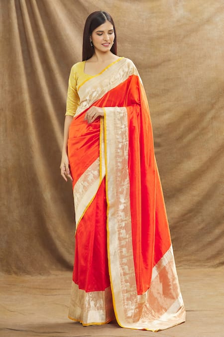 Buy Camelia Orange Saree In Organza With Bandhani Jaal And Gotta Patti  Embroidered Floral Motifs On The Border Online - Kalki Fashion