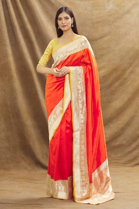Buy Resa By Ushnakmals Orange Silk Placement Woven Pattern Reindeer Tangerine Saree With Online at Aza Fashions Buy_Resa By Ushnakmals_Orange Silk Placement Woven Pattern Reindeer Tangerine Saree With_Online_at_Aza_Fashions