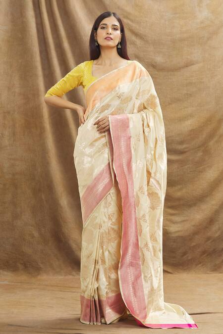 Buy_Resa By Ushnakmals_Ivory Katan Silk Woven Lotus Motif Saree_Online_at_Aza_Fashions