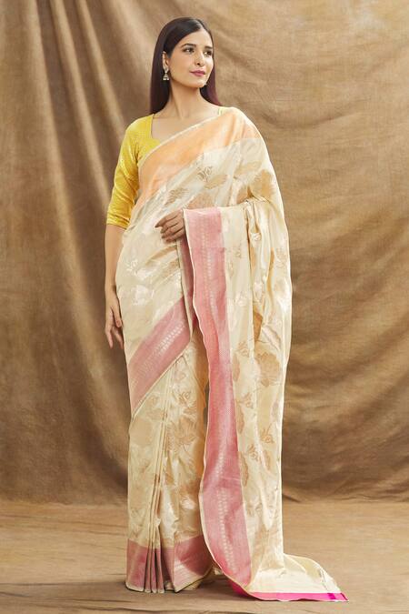 Shop_Resa By Ushnakmals_Ivory Katan Silk Woven Lotus Motif Saree_Online_at_Aza_Fashions