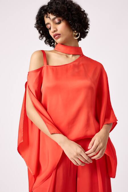 Buy Red Bemberg Satin Plain High Neck Noa Kaftan Top And Wide Leg Pant Set  For Women by Scarlet Sage Online at Aza Fashions.