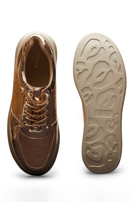 Shop_Anaar_Gold Textured Panel Lace Up Sneakers _at_Aza_Fashions