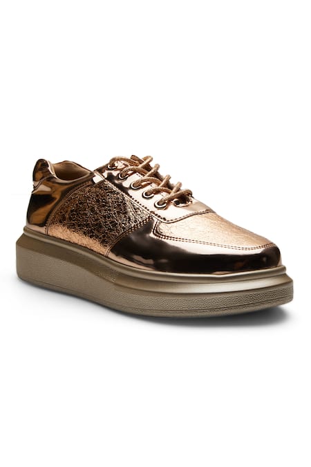 Anaar_Gold Textured Panel Lace Up Sneakers _Online_at_Aza_Fashions