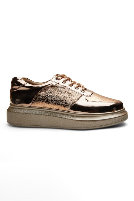 Buy_Anaar_Gold Textured Panel Lace Up Sneakers _Online_at_Aza_Fashions