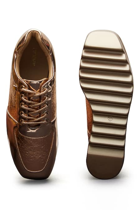 Shop Anaar Gold Rose Textured Wedge Sneakers at Aza Fashions Shop_Anaar_Gold Rose Textured Wedge Sneakers _at_Aza_Fashions