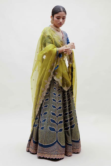 Shop Naina Jain Blue Silk, Organza Embroidery, Zari Bandhani Pattern Lehenga Set Online at Aza Fashions Shop_Naina Jain_Blue Silk, Organza Embroidery, Zari Bandhani Pattern Lehenga Set _Online_at_Aza_Fashions