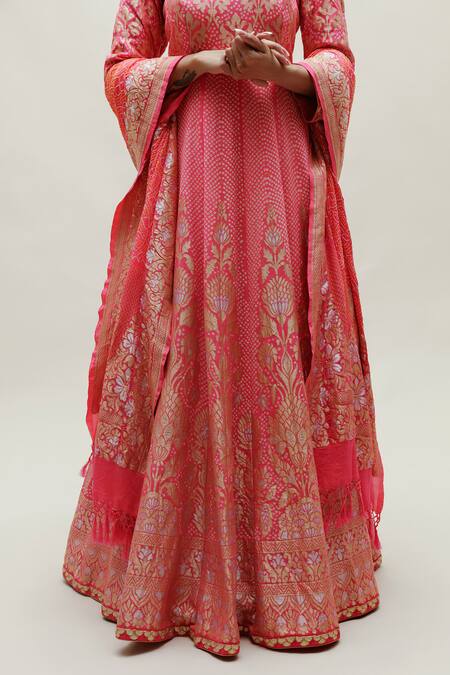 Shop Naina Jain Peach Georgette Embroidery, Floral And Bandhani Pattern Anarkali With Dupatta Online at Aza Fashions Shop_Naina Jain_Peach Georgette Embroidery, Floral And Bandhani Pattern Anarkali With Dupatta_Online_at_Aza_Fashions