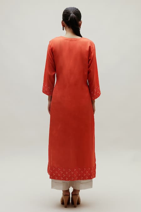 Shop Naina Jain Orange Silk Gota Patti Round Neck Bandhani Pattern Straight Kurta at Aza Fashions Shop_Naina Jain_Orange Silk Gota Patti Round Neck Bandhani Pattern Straight Kurta _at_Aza_Fashions