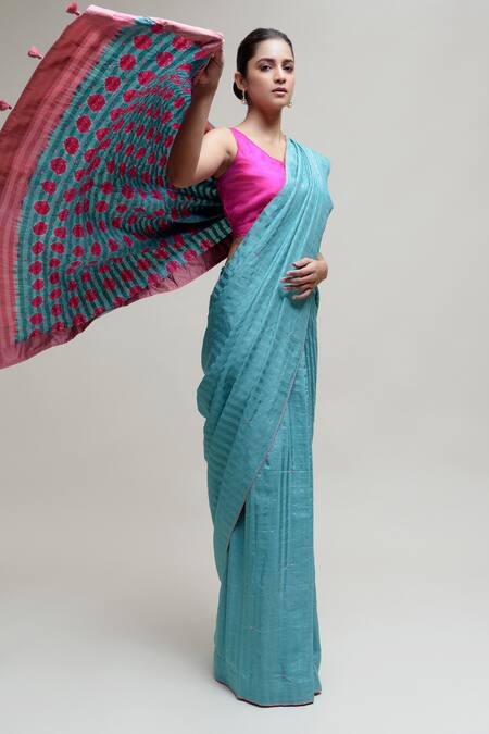 Naina Jain Blue Cotton, Silk Bandhani Saree Online at Aza Fashions Naina Jain_Blue Cotton, Silk Bandhani Saree_Online_at_Aza_Fashions