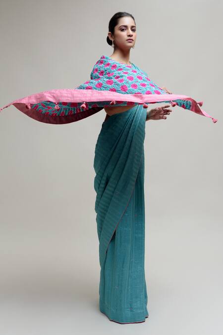 Buy Naina Jain Blue Cotton, Silk Bandhani Saree Online at Aza Fashions Buy_Naina Jain_Blue Cotton, Silk Bandhani Saree_Online_at_Aza_Fashions