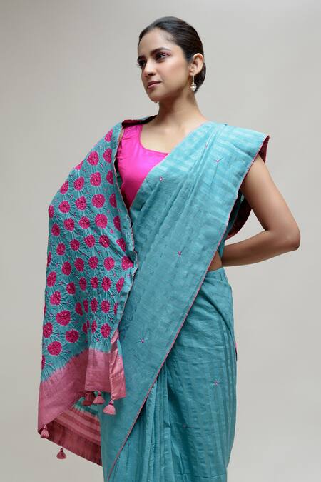 Shop Naina Jain Blue Cotton, Silk Bandhani Saree Online at Aza Fashions Shop_Naina Jain_Blue Cotton, Silk Bandhani Saree_Online_at_Aza_Fashions