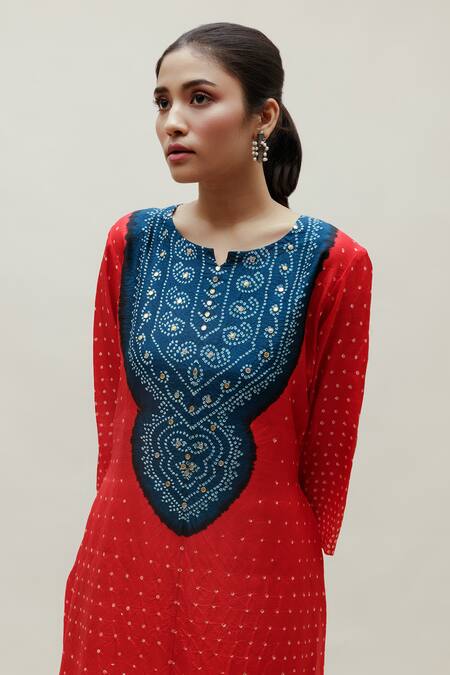 Shop Naina Jain Red Silk Gota Patti Round Neck Bandhani Work Kurta Online at Aza Fashions Shop_Naina Jain_Red Silk Gota Patti Round Neck Bandhani Work Kurta _Online_at_Aza_Fashions