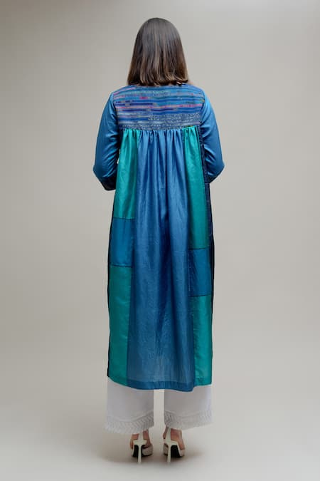 Shop Naina Jain Blue Silk, Georgette Embroidery Round Neck Textile Yoke Kurta at Aza Fashions Shop_Naina Jain_Blue Silk, Georgette Embroidery Round Neck Textile Yoke Kurta _at_Aza_Fashions