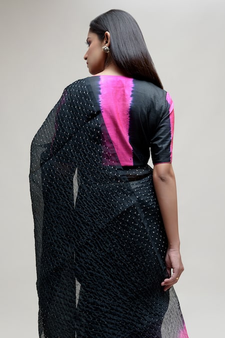 Shop Naina Jain Black Silk, Organza Tassels Bandhani Work Saree With Unstitched Blouse Piece at Aza Fashions Shop_Naina Jain_Black Silk, Organza Tassels Bandhani Work Saree With Unstitched Blouse Piece _at_Aza_Fashions