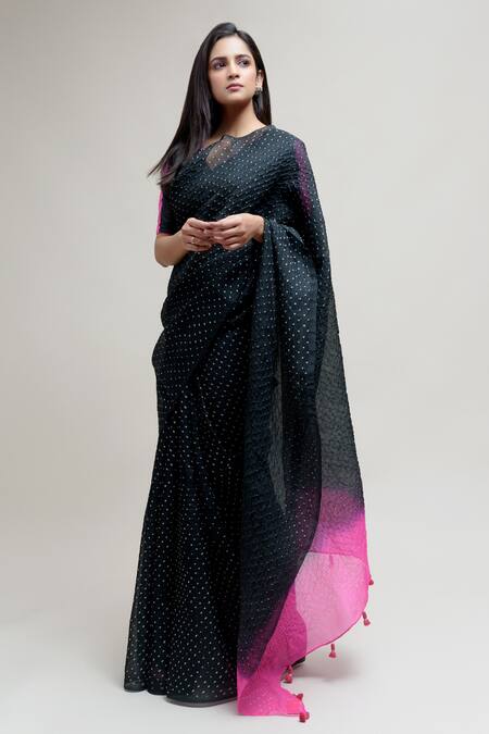 Naina Jain Black Silk, Organza Tassels Bandhani Work Saree With Unstitched Blouse Piece Online at Aza Fashions Naina Jain_Black Silk, Organza Tassels Bandhani Work Saree With Unstitched Blouse Piece _Online_at_Aza_Fashions