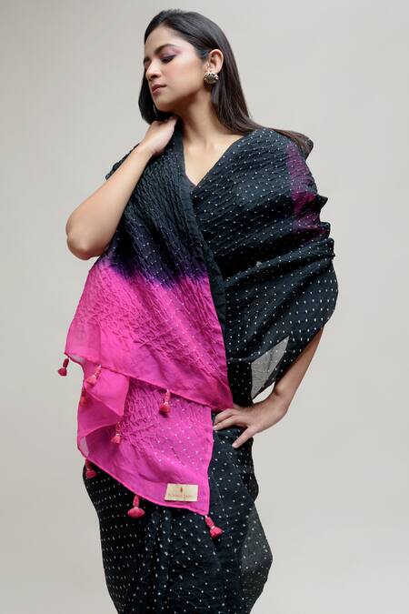 Shop Naina Jain Black Silk, Organza Tassels Bandhani Work Saree With Unstitched Blouse Piece Online at Aza Fashions Shop_Naina Jain_Black Silk, Organza Tassels Bandhani Work Saree With Unstitched Blouse Piece _Online_at_Aza_Fashions