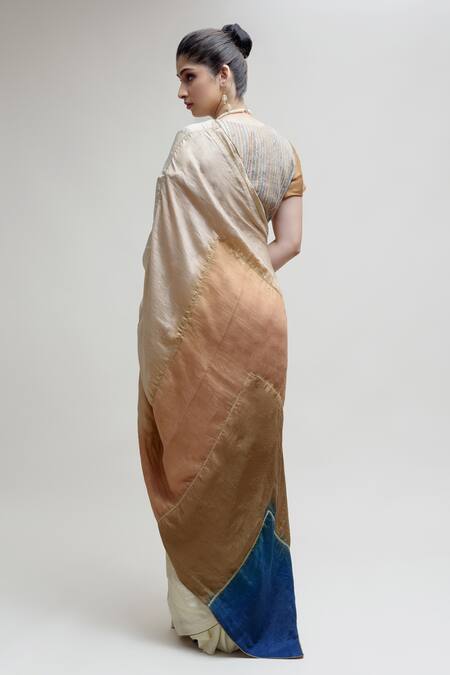 Shop Naina Jain Grey Silk Embroidery V-neck Color Block Saree With Blouse at Aza Fashions Shop_Naina Jain_Grey Silk Embroidery V-neck Color Block Saree With Blouse_at_Aza_Fashions