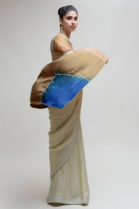 Naina Jain Grey Silk Embroidery V-neck Color Block Saree With Blouse Online at Aza Fashions Naina Jain_Grey Silk Embroidery V-neck Color Block Saree With Blouse_Online_at_Aza_Fashions