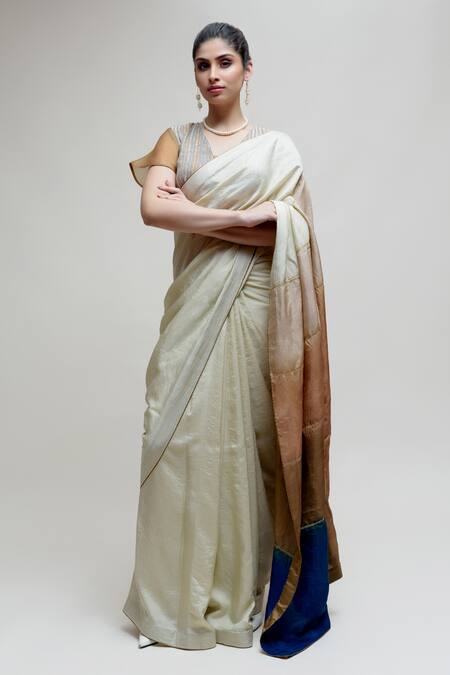 Buy Naina Jain Grey Silk Embroidery V-neck Color Block Saree With Blouse Online at Aza Fashions Buy_Naina Jain_Grey Silk Embroidery V-neck Color Block Saree With Blouse_Online_at_Aza_Fashions