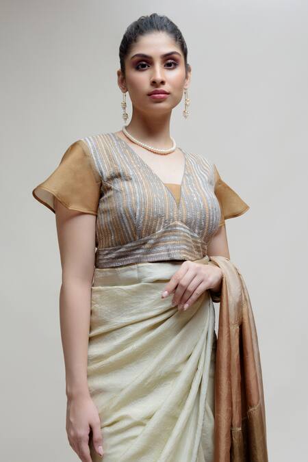 Shop Naina Jain Grey Silk Embroidery V-neck Color Block Saree With Blouse Online at Aza Fashions Shop_Naina Jain_Grey Silk Embroidery V-neck Color Block Saree With Blouse_Online_at_Aza_Fashions