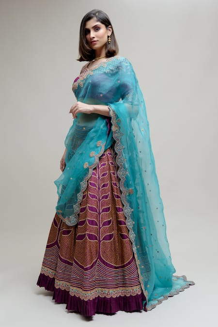 Naina Jain Purple Silk, Organza Zari, Embroidery, Tassels Turtle Bandhani Work Lehenga Set Online at Aza Fashions Naina Jain_Purple Silk, Organza Zari, Embroidery, Tassels Turtle Bandhani Work Lehenga Set _Online_at_Aza_Fashions