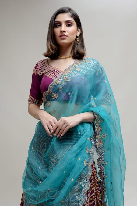 Shop Naina Jain Purple Silk, Organza Zari, Embroidery, Tassels Turtle Bandhani Work Lehenga Set Online at Aza Fashions Shop_Naina Jain_Purple Silk, Organza Zari, Embroidery, Tassels Turtle Bandhani Work Lehenga Set _Online_at_Aza_Fashions