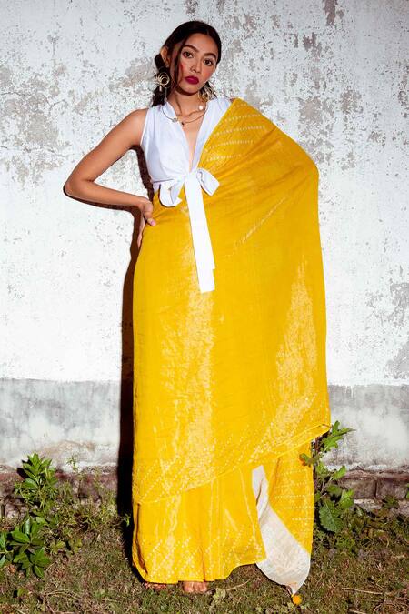 Buy Yellow Uppada Silk Bandhani Pattern Saree With Running Blouse For Women  by Nazaakat by Samara Singh Online at Aza Fashions.