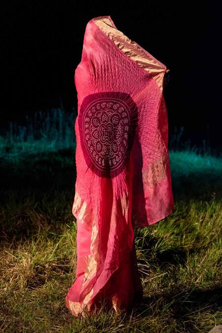 Naina Jain_Pink Silk, Organza Bandhani Handwoven Saree_Online_at_Aza_Fashions