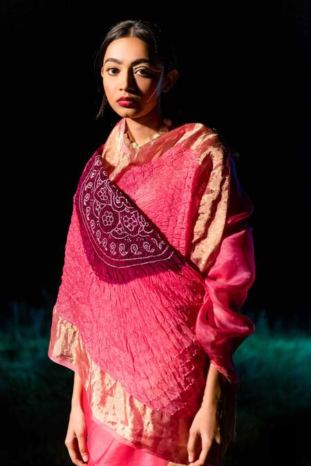 Buy_Naina Jain_Pink Silk, Organza Bandhani Handwoven Saree_Online_at_Aza_Fashions