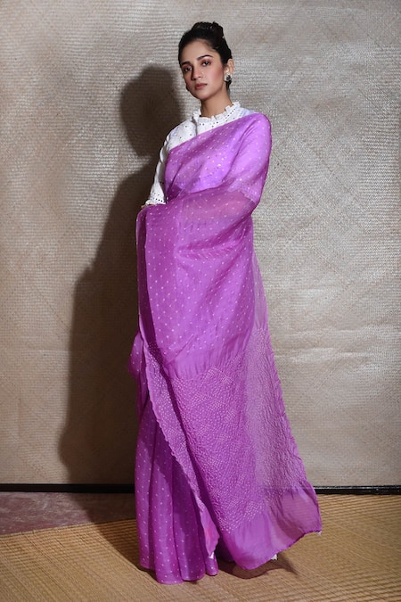 Naina Jain Purple Silk, Organza Beads Bandhani Pattern Saree With Unstitched Blouse Piece Online at Aza Fashions Naina Jain_Purple Silk, Organza Beads Bandhani Pattern Saree With Unstitched Blouse Piece _Online_at_Aza_Fashions