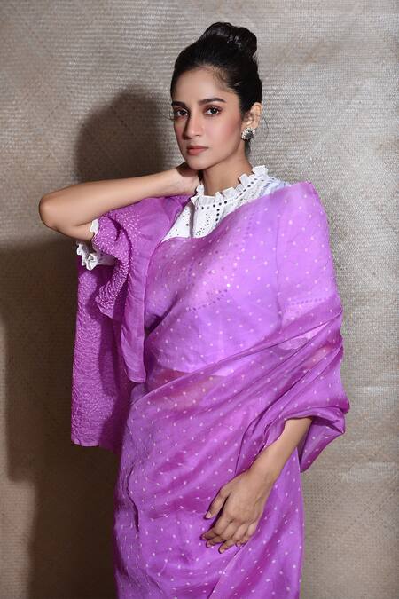 Shop Naina Jain Purple Silk, Organza Beads Bandhani Pattern Saree With Unstitched Blouse Piece Online at Aza Fashions Shop_Naina Jain_Purple Silk, Organza Beads Bandhani Pattern Saree With Unstitched Blouse Piece _Online_at_Aza_Fashions