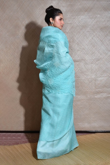 Shop Naina Jain Blue Silk, Organza Beads Bandhani Pattern Saree at Aza Fashions Shop_Naina Jain_Blue Silk, Organza Beads Bandhani Pattern Saree _at_Aza_Fashions