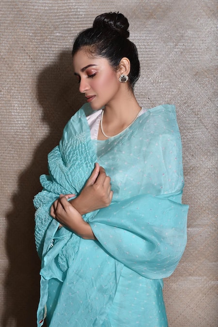 Shop Naina Jain Blue Silk, Organza Beads Bandhani Pattern Saree Online at Aza Fashions Shop_Naina Jain_Blue Silk, Organza Beads Bandhani Pattern Saree _Online_at_Aza_Fashions