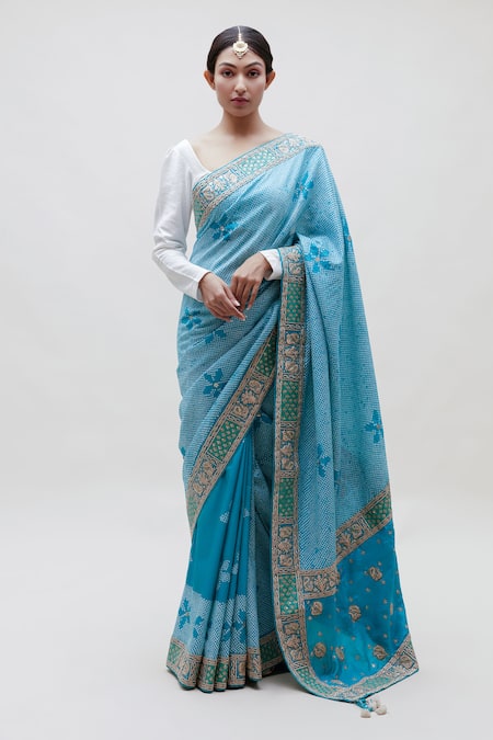 sky blue colour silk saree with contrast blouse designs - YouTube