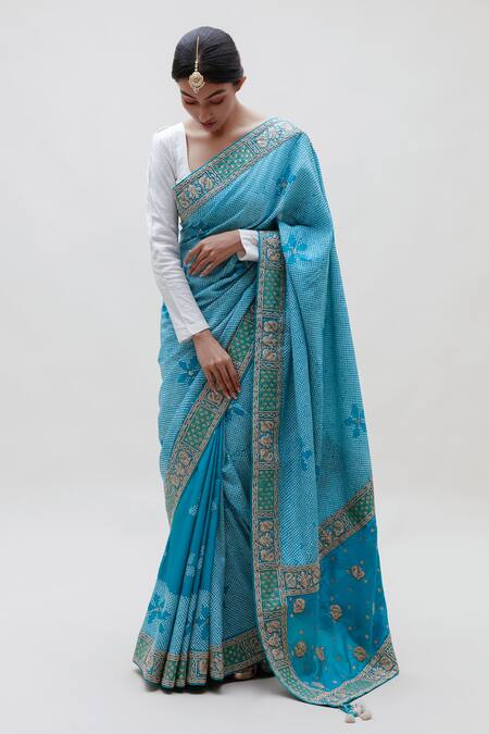 Naina Jain Blue Silk Sequins, Embroidery Round Neck Bandhani Pattern Saree With Blouse Online at Aza Fashions Naina Jain_Blue Silk Sequins, Embroidery Round Neck Bandhani Pattern Saree With Blouse _Online_at_Aza_Fashions