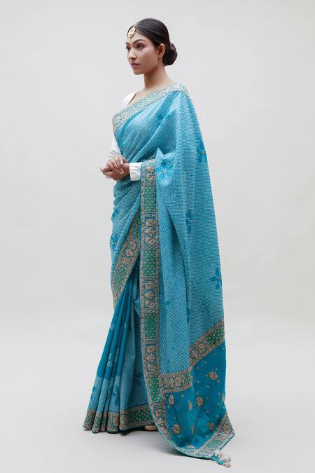 Buy Naina Jain Blue Silk Sequins, Embroidery Round Neck Bandhani Pattern Saree With Blouse Online at Aza Fashions Buy_Naina Jain_Blue Silk Sequins, Embroidery Round Neck Bandhani Pattern Saree With Blouse _Online_at_Aza_Fashions
