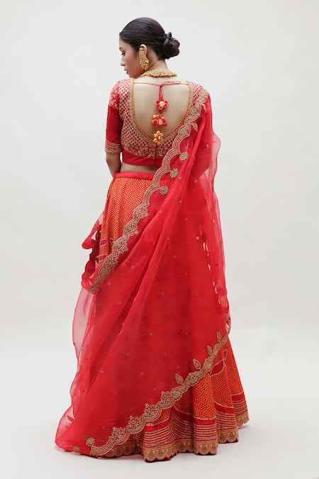 Shop Naina Jain Red Silk, Organza Zari, Embroidery Bandhani Pattern And Bridal Lehenga Set at Aza Fashions Shop_Naina Jain_Red Silk, Organza Zari, Embroidery Bandhani Pattern And Bridal Lehenga Set _at_Aza_Fashions
