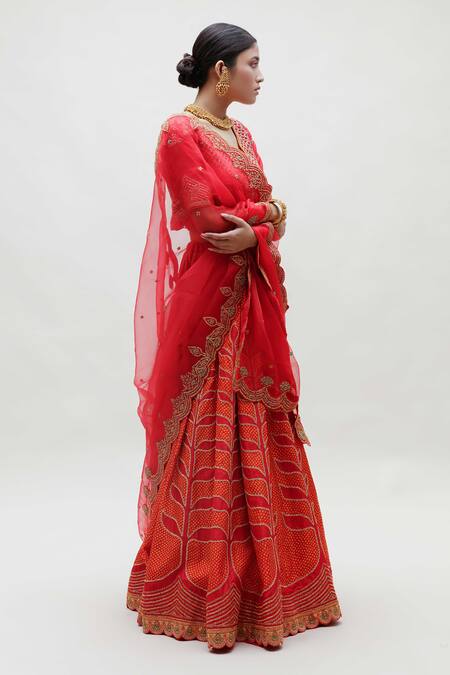 Naina Jain Red Silk, Organza Zari, Embroidery Bandhani Pattern And Bridal Lehenga Set Online at Aza Fashions Naina Jain_Red Silk, Organza Zari, Embroidery Bandhani Pattern And Bridal Lehenga Set _Online_at_Aza_Fashions