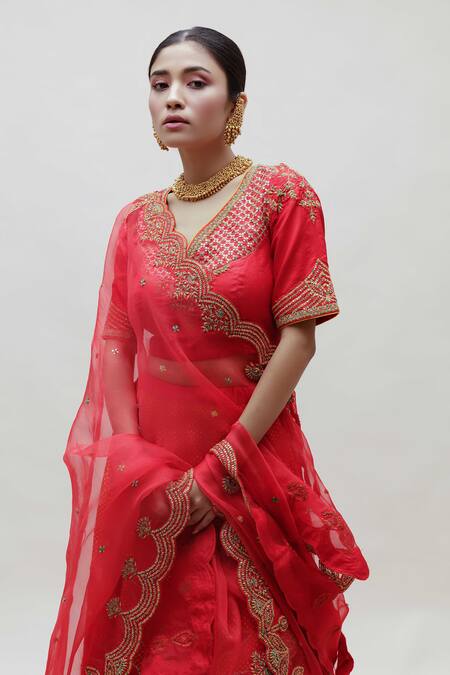 Shop Naina Jain Red Silk, Organza Zari, Embroidery Bandhani Pattern And Bridal Lehenga Set Online at Aza Fashions Shop_Naina Jain_Red Silk, Organza Zari, Embroidery Bandhani Pattern And Bridal Lehenga Set _Online_at_Aza_Fashions