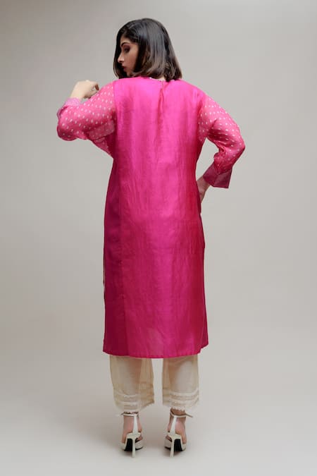 Shop Naina Jain Pink Silk, Georgette Beads V-neck Woven Stripe Pattern Yoke Kurta at Aza Fashions Shop_Naina Jain_Pink Silk, Georgette Beads V-neck Woven Stripe Pattern Yoke Kurta _at_Aza_Fashions