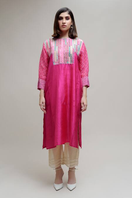 Naina Jain Pink Silk, Georgette Beads V-neck Woven Stripe Pattern Yoke Kurta Online at Aza Fashions Naina Jain_Pink Silk, Georgette Beads V-neck Woven Stripe Pattern Yoke Kurta _Online_at_Aza_Fashions